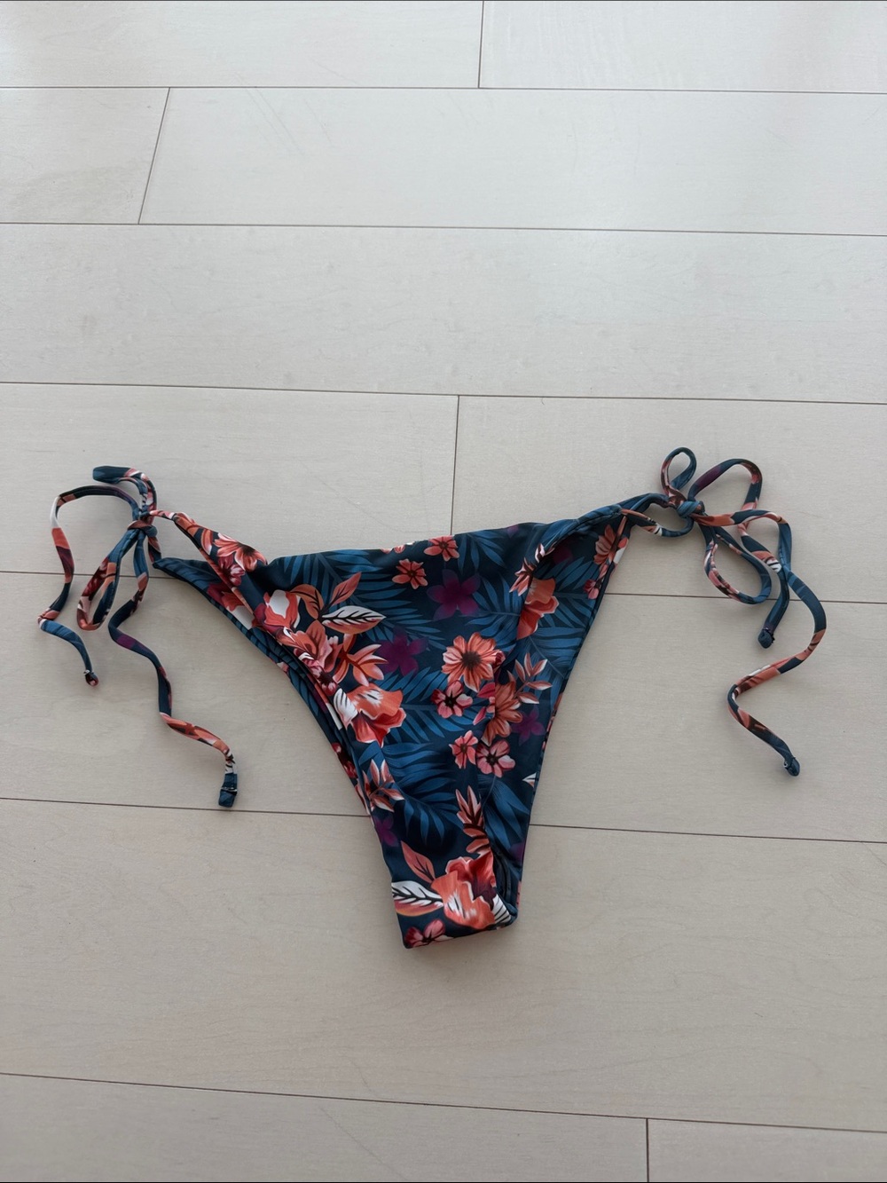 Floral Tie-Side Bikini Bottom - Navy with Coral Flowers